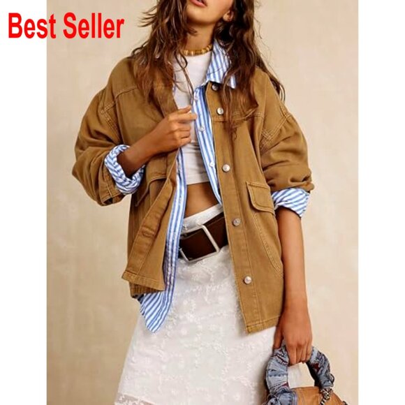 Oversized Denim Jacket Chic Y2K Retro Button Down Coat with Pockets - Picture 5 of 6